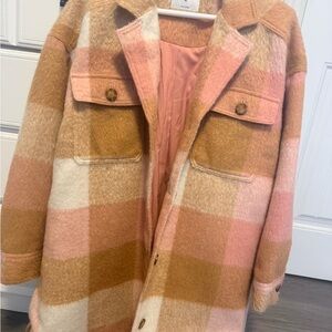 Old Navy Pink and Tan Plaid Teddy Jacket